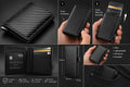 A black carbon-fiber-textured slim card holder wallet shown in multiple views, including closed close-ups, an open interior view with cards, a hand holding it, dimensions, and feature callouts. The image is a collage on a dark background with text such as 'Press the Button,' 'Card Slide Out Smoothly,' and 'Slim Lightweight Premium Durable.