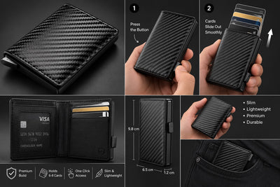 A black carbon-fiber-textured slim card holder wallet shown in multiple views, including closed close-ups, an open interior view with cards, a hand holding it, dimensions, and feature callouts. The image is a collage on a dark background with text such as 'Press the Button,' 'Card Slide Out Smoothly,' and 'Slim Lightweight Premium Durable.
